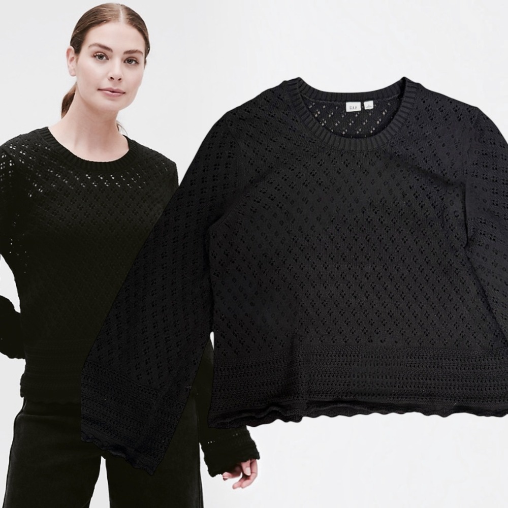 GAP Sweater Pointelle Knit Scalloped Hem Black XL